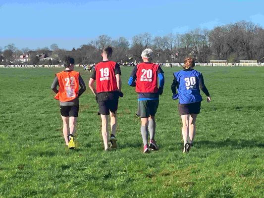 Four parkrun pacers wearing numbered bibs (22, 19, 20, and 30 minutes) running together across an open grass field at York parkrun, with trees and houses visible in the background under a clear blue sky.