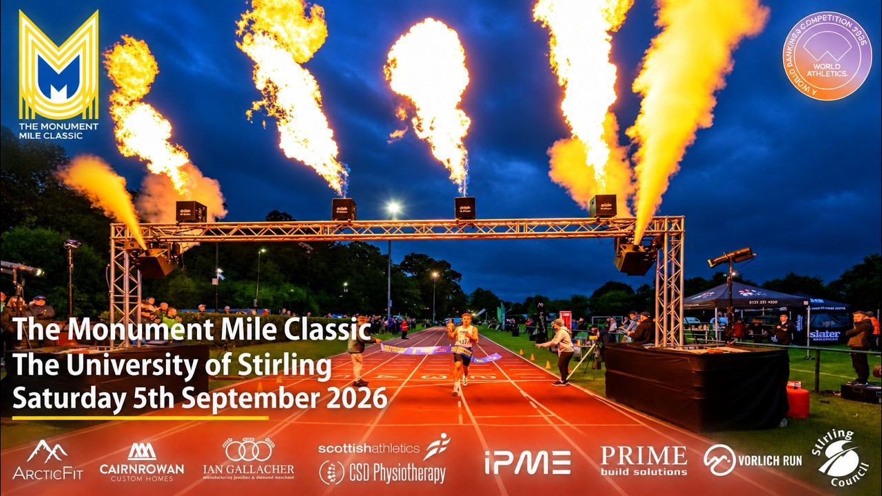 Flame jets over the finish line at night at the Monument Mile Classic 2026, University of Stirling